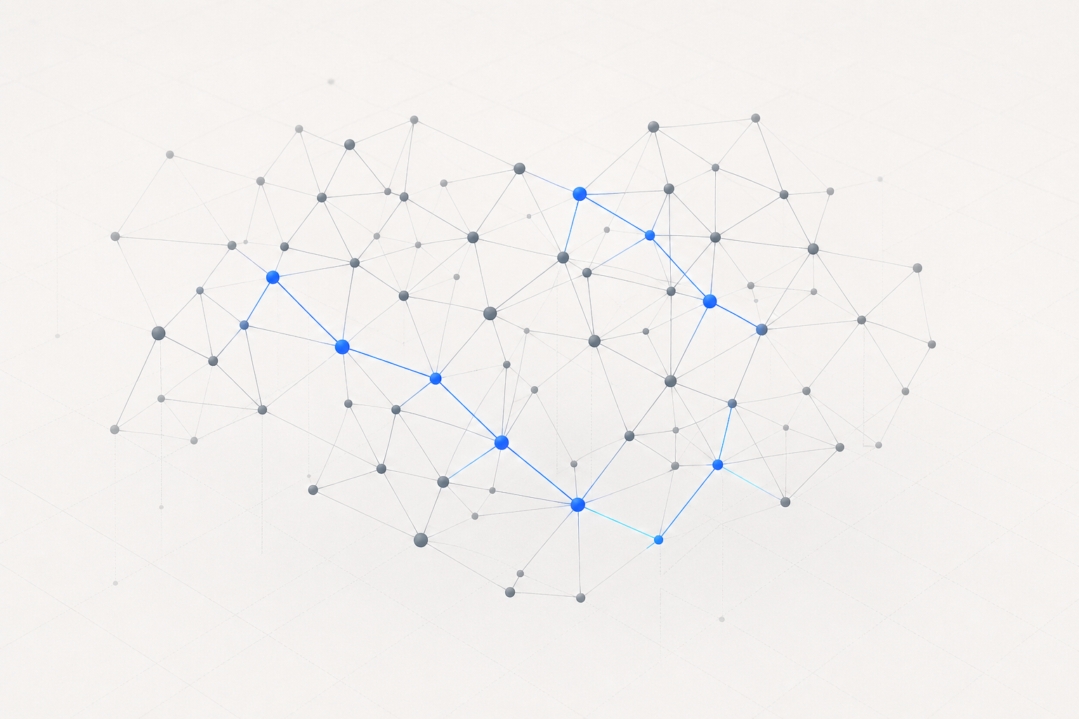 A sparse spiking neural network. Most nodes are quiet; a few fire in electric blue.