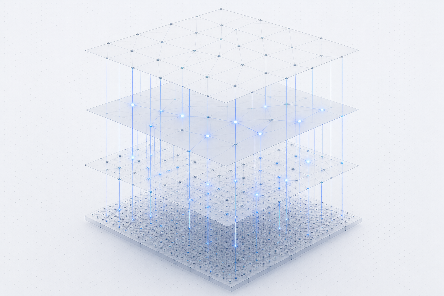 Four translucent layers stacked in 3D. Each layer is a node mesh, connected vertically by light traces.